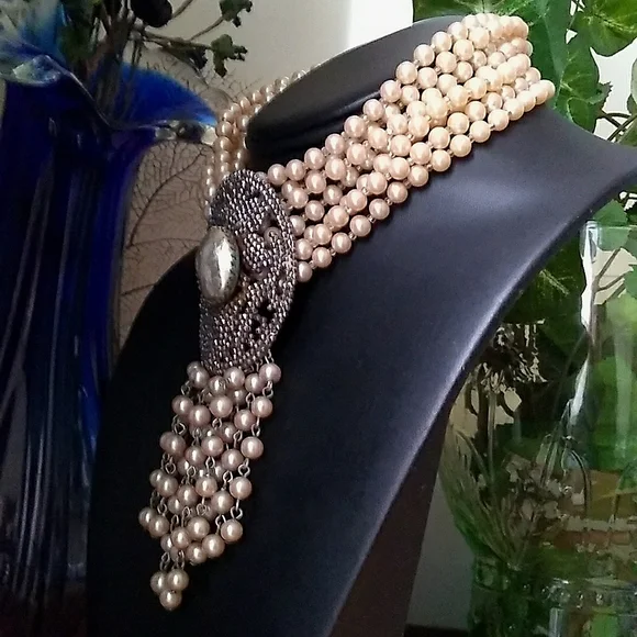 RARE SANDOR 7-Layer Glass Pearl Choker w L W PARIS Cut Steel Slide Buckle - Picture 4 of 16